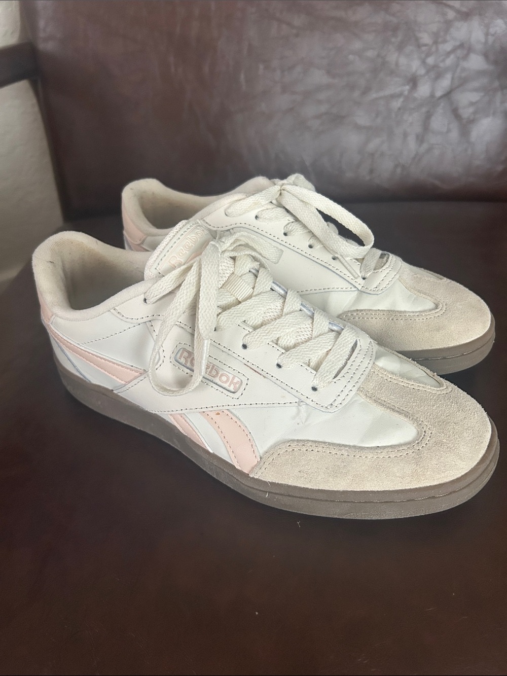 Reebok Low-Top White & Blush Suede-Trim Sneakers